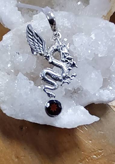 Silver Dragon with Garnet Pendant